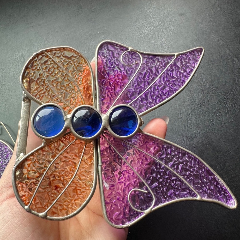 Vintage stain glass Silken Wings porcelain butterfly ornaments decor cottagecore - Picture 5 of 7
